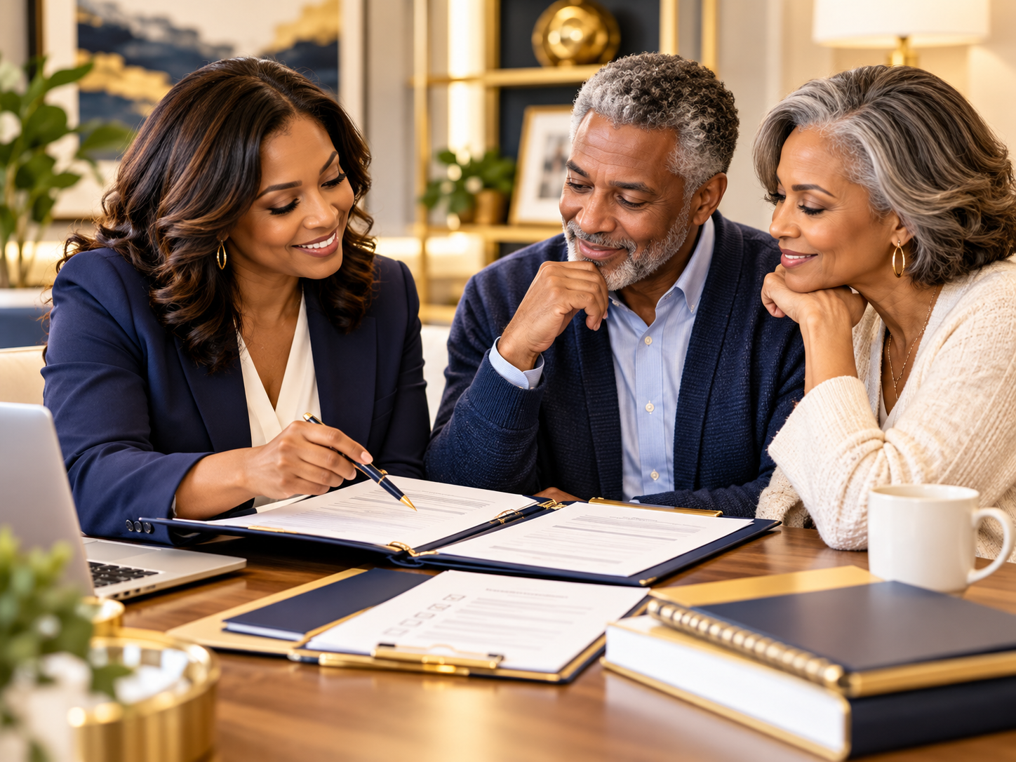 A warm estate planning consultation with a family reviewing organized documents together.