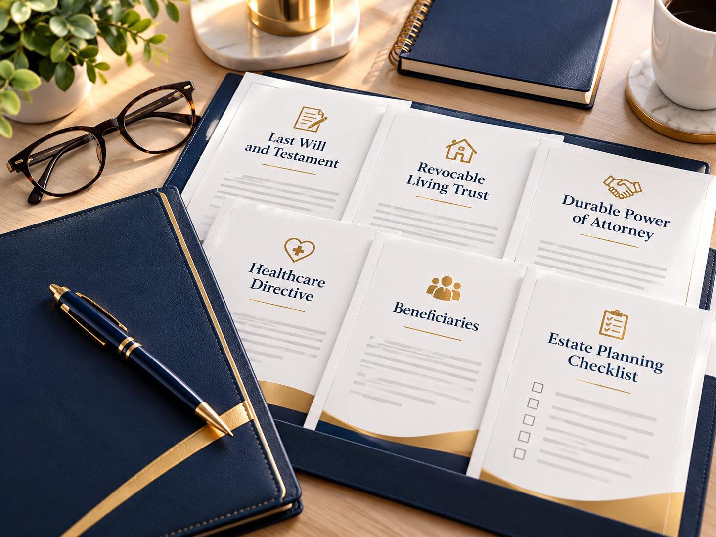 Organized estate planning documents including a will, trust, power of attorney, healthcare directive, beneficiary information, and a checklist.